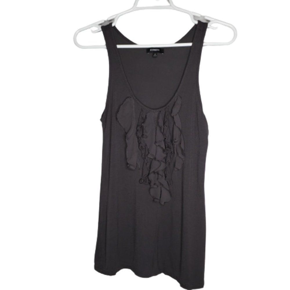 Express Dark Gray Scoop Neck Ruffle Bib Front Tank Top‎ Blouse